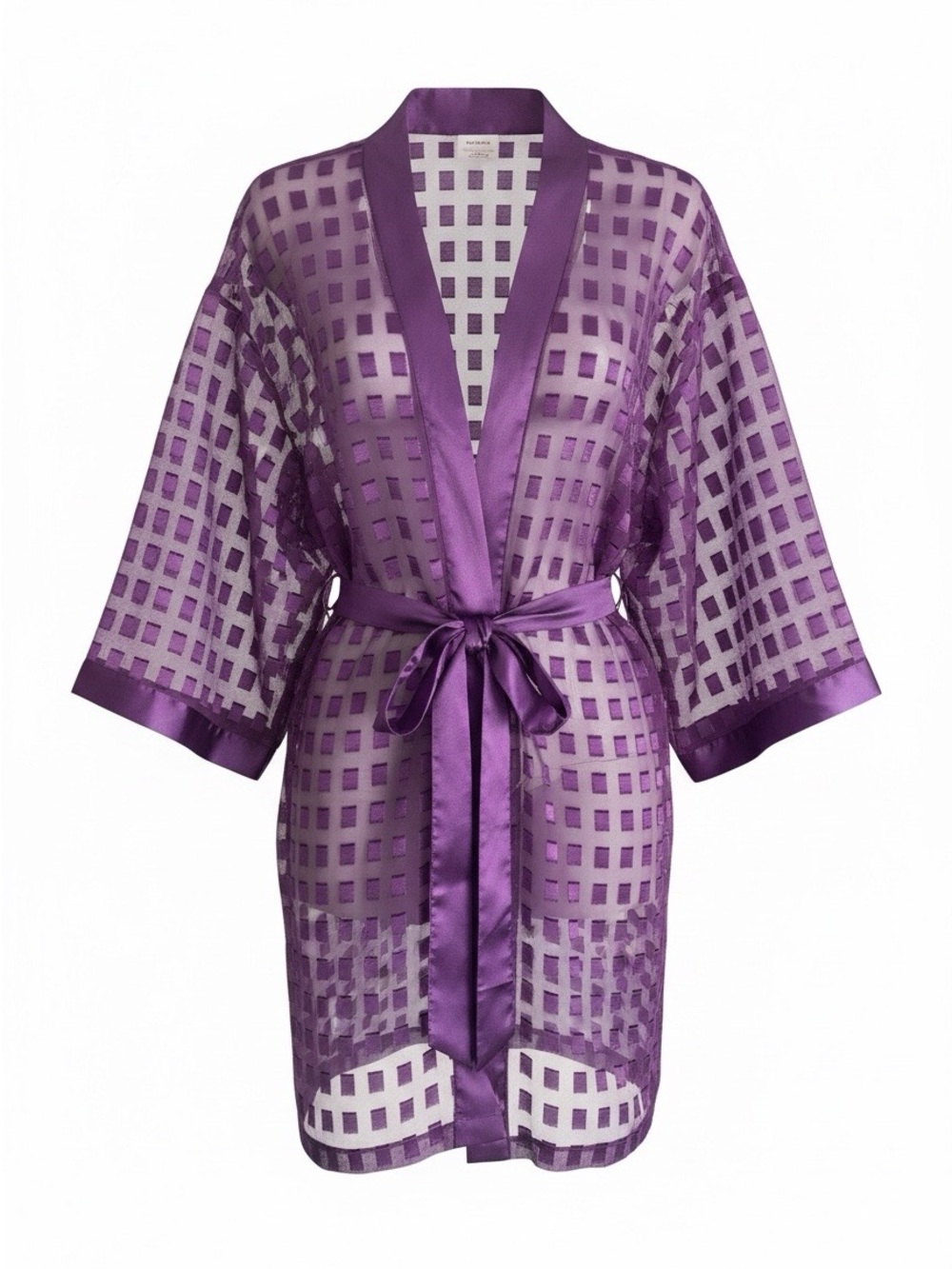 Secret Treasures Purple Sheer Checkered Grid Kimono Robe w/ Satin Trim Medium